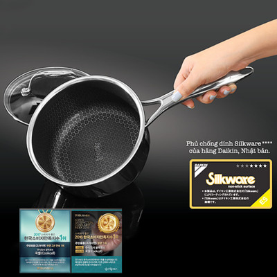 Bộ 3 nồi chảo iMat Hybrid đa năng gồm 1 nồi nhỏ 16cm, 1 nồi nông vừa 22cm và 1 chảo chiên 24cm