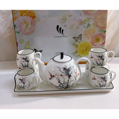 BỘ ẤM CHÉN PHA TRÀ KÈM KHAY SỨ HOA TIẾT HOA ( GIAO NGẪU NHIÊN )