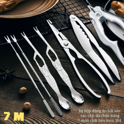 HÀNG CAO CẤP Bộ hộp 7 Dụng Cụ Ăn Cua Ghẹ Sò Ngao Tôm Hùm Hải Sản Đa Chức Năng inox 304