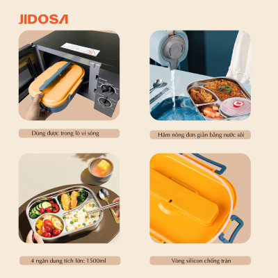 Hộp cơm giữ nhiệt Văn Phòng JIDOSA JD3850 đựng thức ăn 4 ngăn kèm bát đựng canh chống tràn