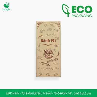 MFT1N5NN - 24x9.5x4.5 cm - 200 Túi bánh mì Nâu, in sẵn họa tiết GIỎ BÁNH MÌ - Bao bánh mì Túi giấy thực phẩm an toàn
