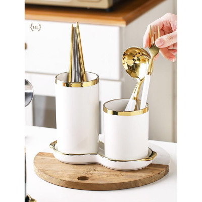 Hũ sứ đựng đũa có khay hứng nước đế liền | ỐNG ĐŨA 2 KẺ VÀNG KIM PHONG CÁCH RETRO 2022