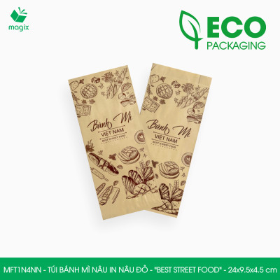 MFT1N4NN - 24x9.5x4.5 cm - 500 Túi bánh mì Nâu, in sẵn họa tiết BEST STREET FOOD - Bao bánh mì Túi giấy thực phẩm an toàn