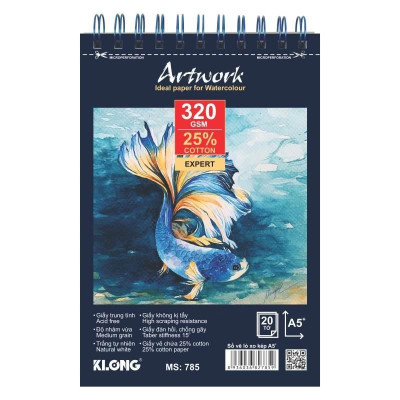 Sổ vẽ màu nước cao cấp KLONG A5+ 25% cotton 20 tờ 320GSM; MS: 785