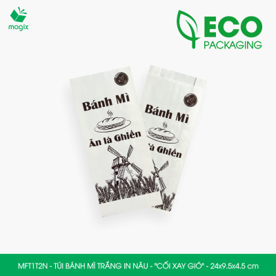 MFT1T2N - 24x9.5x4.5 cm - 100 Túi bánh mì Trắng, in sẵn họa tiết CỐI XAY GIÓ - Bao bánh mì Túi giấy thực phẩm an toàn
