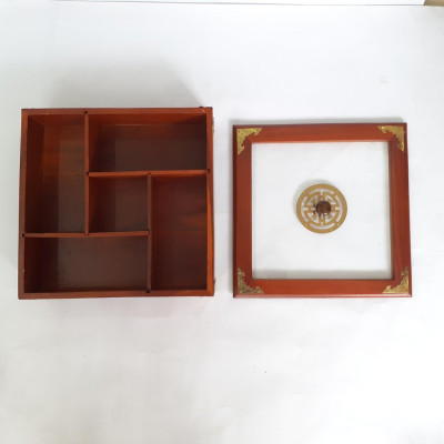 Khay Đựng Mứt Tết Bánh Kẹo  Vuông 5 Ngăn Gỗ Gõ Tự Nhiên-DAICAT - Hình lục giác Chữ Phúc Lộc Thọ