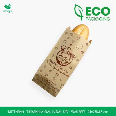 MFT1N3NN - 24x9.5x4.5 cm - 100 Túi bánh mì Nâu, in sẵn họa tiết ĐẦU BẾP - Bao bánh mì Túi giấy thực phẩm an toàn