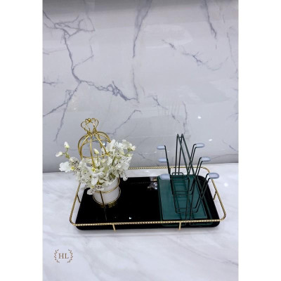 KHAY THUỶ TINH CƯỜNG LỰC KHUNG HỢP KIM MẠ VÀNG CHUYÊN DỤNG ĐỂ BÌNH CỐC HOME DECOR | Khay đựng đồ phong cách Bắc âu