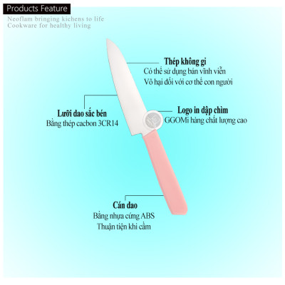 [HÀNG CHÍNH HÃNG]Dao gọt trái cây màu hồng có nắp bảo vệ dài 23cm, lưỡi dài 13cm, thép không gì GGOMi Hàn Quốc GG357