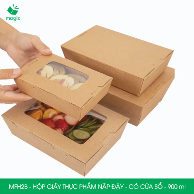MFH2B - 900ml - 100 hộp giấy kraft đựng thực phẩm, hộp giấy đựng thức ăn có cửa sổ, hộp đựng cơm
