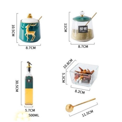 Bộ gia vị sứ xanh 1 tầng 7 món hình tam giác đặt góc