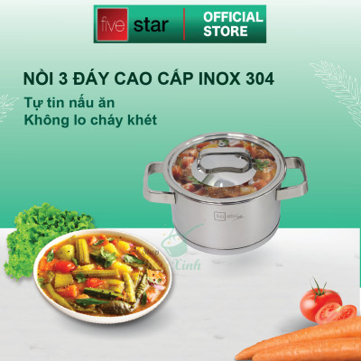 Combo Bộ nồi inox 304 và xửng hấp cao cấp  Fivestar Plus 5 món nắp kính ( 1nồi 16cm x1nồi 18cm x1nồi 20cm x1nồi 24cm x 1thân xửng 24cm) , tặng 1 vá canh 