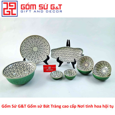 Bộ đồ ăn 4 người men xanh đồng vẽ hoa bèo Gốm Sứ G&T
