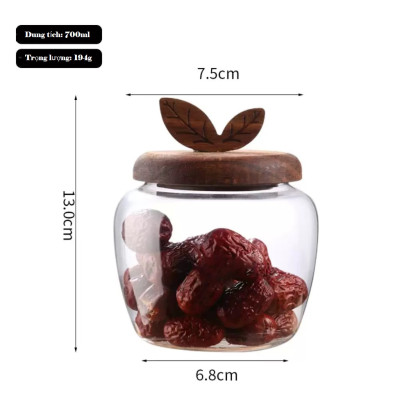 Lọ thủy tinh tròn nắp gỗ ron kín dung tích 700ml decor bếp