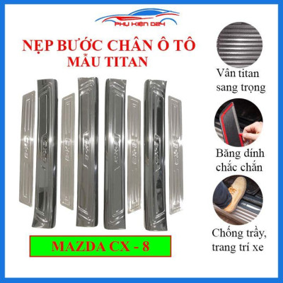 Bộ ốp bậc cửa trong ngoài nẹp bước chân Mazda CX8 vân Titan chống trầy trang trí xe