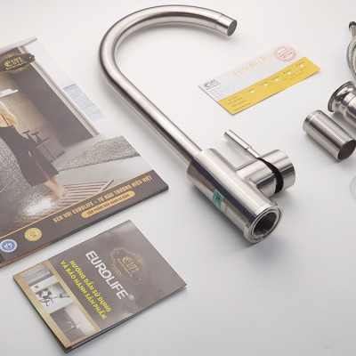 Vòi rửa chén nóng lạnh Inox SUS 304 nguyên khối Eurolife EL-KM09 (Trắng vàng)