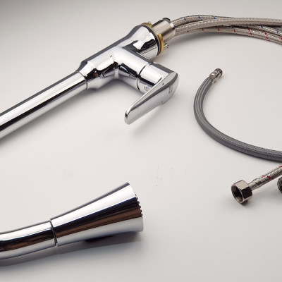 Vòi Rửa Chén Nóng Lạnh Dây Kéo Đồng Mạ Chrome Eurolife EL-KM05 (Trắng bạc)