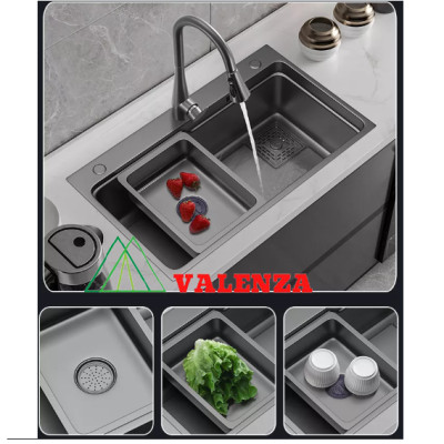  Combo chậu rửa chén bát 1 hố lớn Valenza size 7846 sus304 nano đen kháng khuẩn kèm vòi rửa bát rút dây Valenza sus304, bộ xả to ngăn mùi, khay inox kín-TẶNG BÌNH NƯỚC RỬA CHÉN