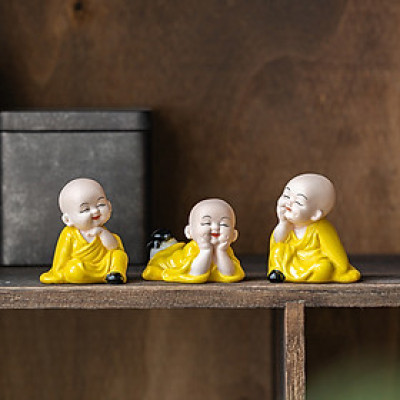 Bộ Tượng Chú Tiểu Hoan Hỉ Vô Ưu Áo Vàng Gốm cao cấp_ Hàng chính hãng