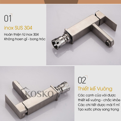 Vòi lavabo nóng lạnh inox 304 KOSKO, vòi sen tắm nóng lạnh chất lượng LOẠI 1