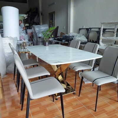 Bộ bàn ghế phòng ăn mặt đá Tundo màu xám 1m6 và 6 ghế