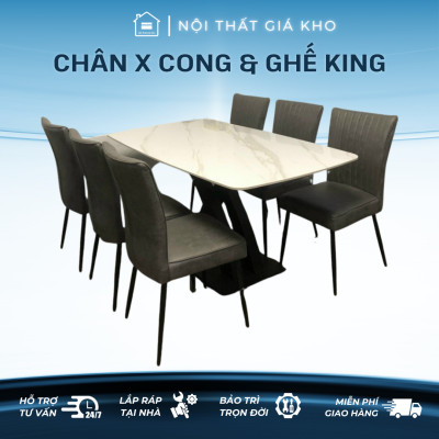 Bộ bàn ăn mặt đá Ceramic bóng chân chéo chữ x cong kết hợp ghế king