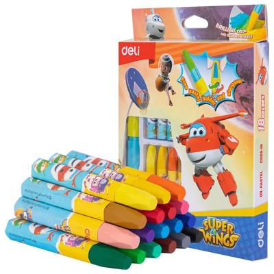 Hộp 18 Bút Màu Sáp Kèm Cây Cầm Bút & Đồ Chuốt 2 Trong 1 - Super Wings - Deli EC009-18