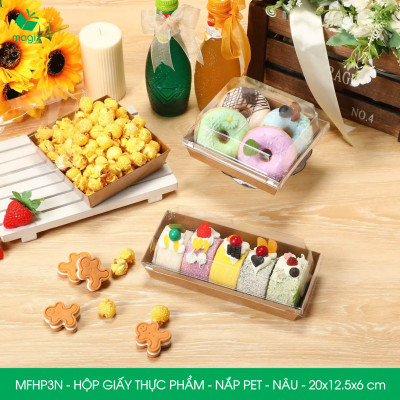 MFHP3N - 20x12.5x6 cm - 100 hộp giấy kraft thực phẩm màu nâu nắp Pet, hộp giấy chữ nhật đựng thức ăn, hộp bánh nắp trong