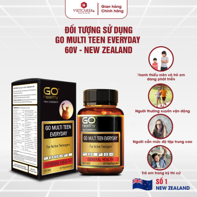 Viên uống dành cho tuổi teen nhập khẩu chính hãng New Zealand GO MULTI TEEN EVERYDAY (60 viên) bổ sung 32 vitamin, khoáng chất và một số dưỡng chất hỗ trợ duy trì và tăng cường sức khỏe cho trẻ ở tuổi tăng trưởng, tuổi dậy thì