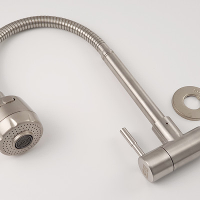 Vòi rửa chén lạnh âm tường Inox SUS 304, cần lò xo Eurolife EL-RC10 (Trắng vàng)