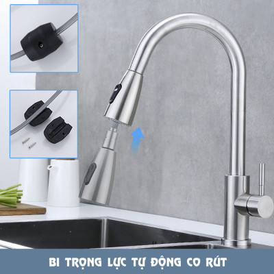 Vòi Rửa Bát Chén Rút Dây ABG Inox, Hai Chế Độ Xả Nóng- Lạnh, Rửa Chén Rút Dây, Nóng Lạnh, Kiểu Dáng Sang Trọng, Xoay 360 Độ, Tặng Kèm Hai Dây Cấp Nóng Lạnh - Hàng Chính Hãng