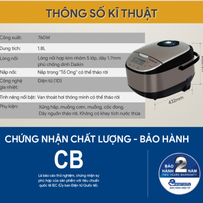 Nồi Cơm Điện Tử BlueStone RCB-5938 (1,8 Lít) - Hàng chính hãng