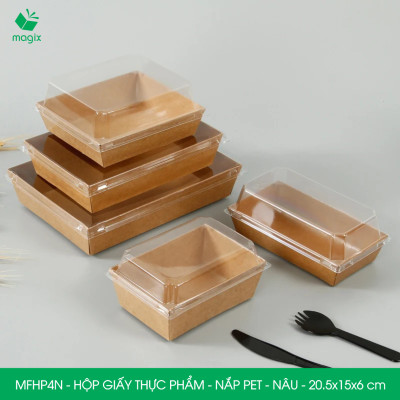 MFHP4N - 20.5x15x6 cm -100 hộp giấy kraft thực phẩm màu nâu nắp Pet, hộp giấy chữ nhật đựng thức ăn, hộp bánh nắp trong