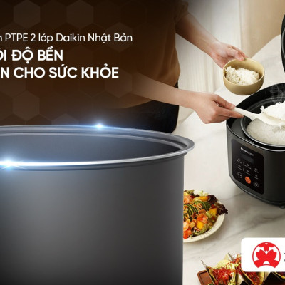 Nồi cơm điện tử 1.5L Sunhouse SHD8825 - 700W, 6 chức năng, Hẹn giờ nấu 24h, Chống dính Daikin 2 lớp, Lòng nồi 1.2mm - Hàng chính hãng