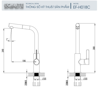 Vòi rửa chén nóng lạnh Ecalite EF-H018C - Đồng thau mạ chrome - Có dây rút - Hàng chính hãng