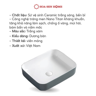 Lavabo đặt bàn TUSLO Pro PALL013, sứ vuông dương bàn, chất liệu sứ Ceramic cao cấp, công nghệ men Nano kháng khuẩn đến 89% - Hàng chính hãng