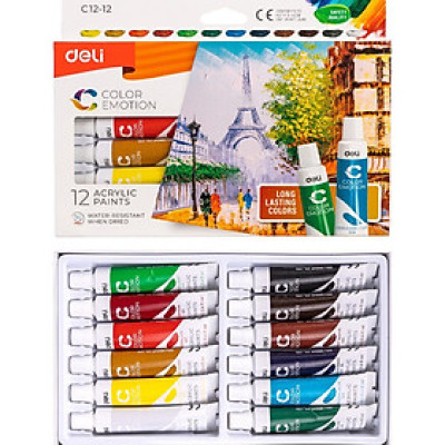 Màu nước Acrylic dạng tuýp 12ml Deli  5/12/24 màu-Tặng kèm pallete gỗ pha màu