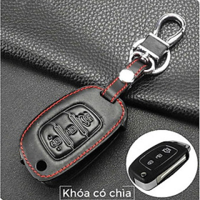Bao da chìa khóa đen chỉ đỏ dành cho xe GRAND I10, Elantra - chìa gập