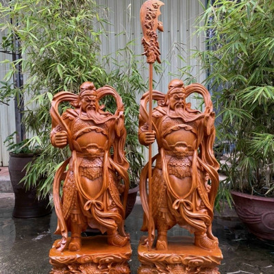 Tượng quan công cầm đao đứng trên đầu hổ phù bằng gỗ hương đá kt cao 80×29×19cm