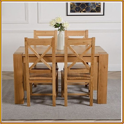 Bộ bàn ghế phòng ăn gỗ sồi Tundo màu vàng tự nhiên 1m4 kèm 4 ghế lưng X