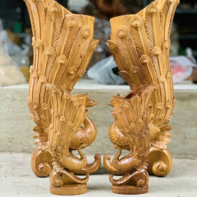 Đôi chim cắm hoa tranh trí nghệ thuật bằng gỗ bách xanh thơm nức kt cao 25×10×9cm