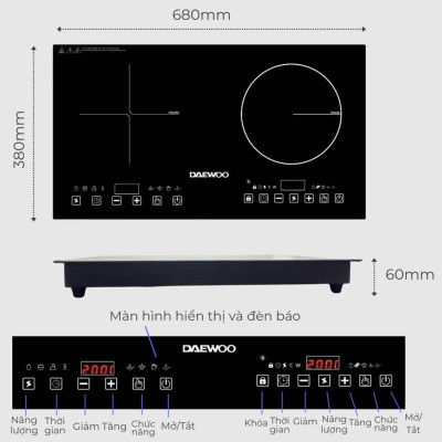 Bếp Đôi Điện Từ Hồng Ngoại Daewoo DWHB-3801C, mặt kính pha lê bóng 3800W, phù hợp mọi loại nồi - Hàng chính hãng