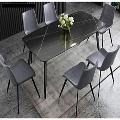 Bộ bàn ghế phòng ăn Tundo mặt đá ceramic cao cấp 1m6 kèm 6 ghế