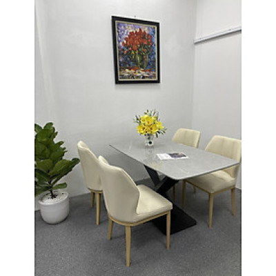 Bộ bàn ghế phòng ăn Tundo mặt trắng vân mây, chân chữ X kèm 4 ghế