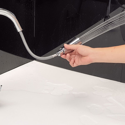 Vòi Rửa Chén Nóng Lạnh Dây Kéo Đồng Mạ Chrome Eurolife EL-KM05 (Trắng bạc)