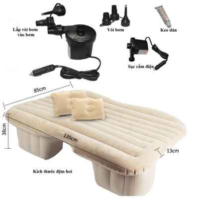 Đệm Hơi Nhung Ô Tô Cao Cấp, Mềm Mịn, Tiện Lợi, Dễ Dàng Gấp Gọn, Tặng Kèm Bơm, 2 Gối Đầu Và Miếng Vá Dự Phòng