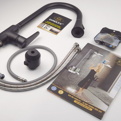 Vòi rửa chén nóng lạnh dây kéo Đồng mạ tĩnh nhiệt màu đen Eurolife EL-KM06 ( Đen)