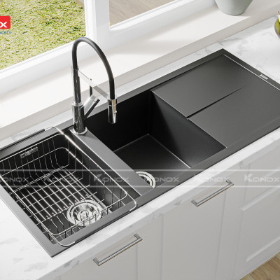 Vòi rửa bát thân mềm Konox, Model Bian, Bề mặt mạ PVD Chrome 5 lớp, Lõi đồng tiêu chuẩn CW617N, Linh kiện phụ trợ dòng chảy nhập khẩu châu Âu, Bảo hành chính hãng 5 năm, Hàng chính hãng