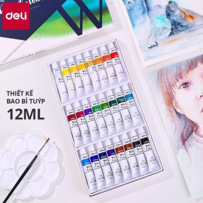 Màu nước dạng tuýp cao cấp 12ml Deli - màu nước hòa tan che phủ tốt - 12 màu/18 màu/24 màu - 73850 / 73851 / 73852 .