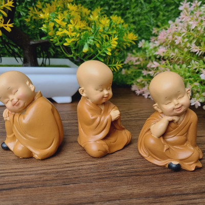 Bộ 03 chú tiểu áo nâu - mẫu ngồi an nhiên size mini 7cm